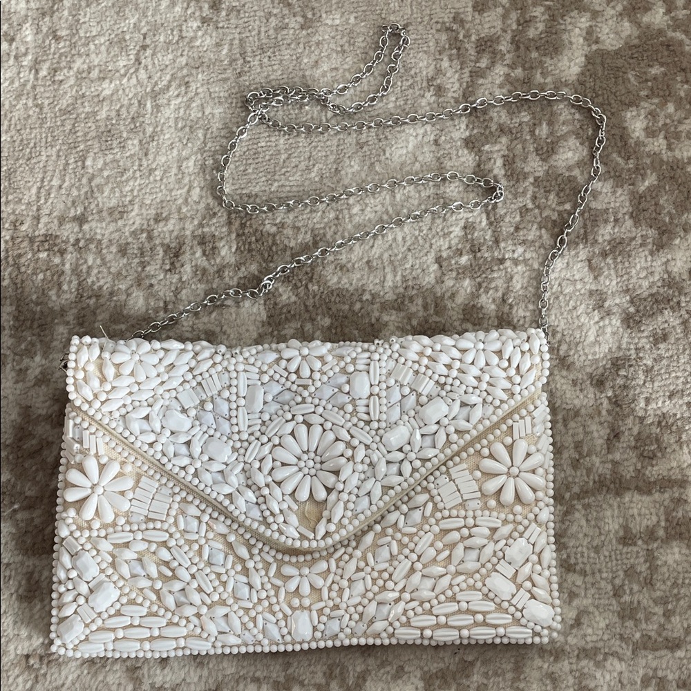 Elegant White Beaded Clutch